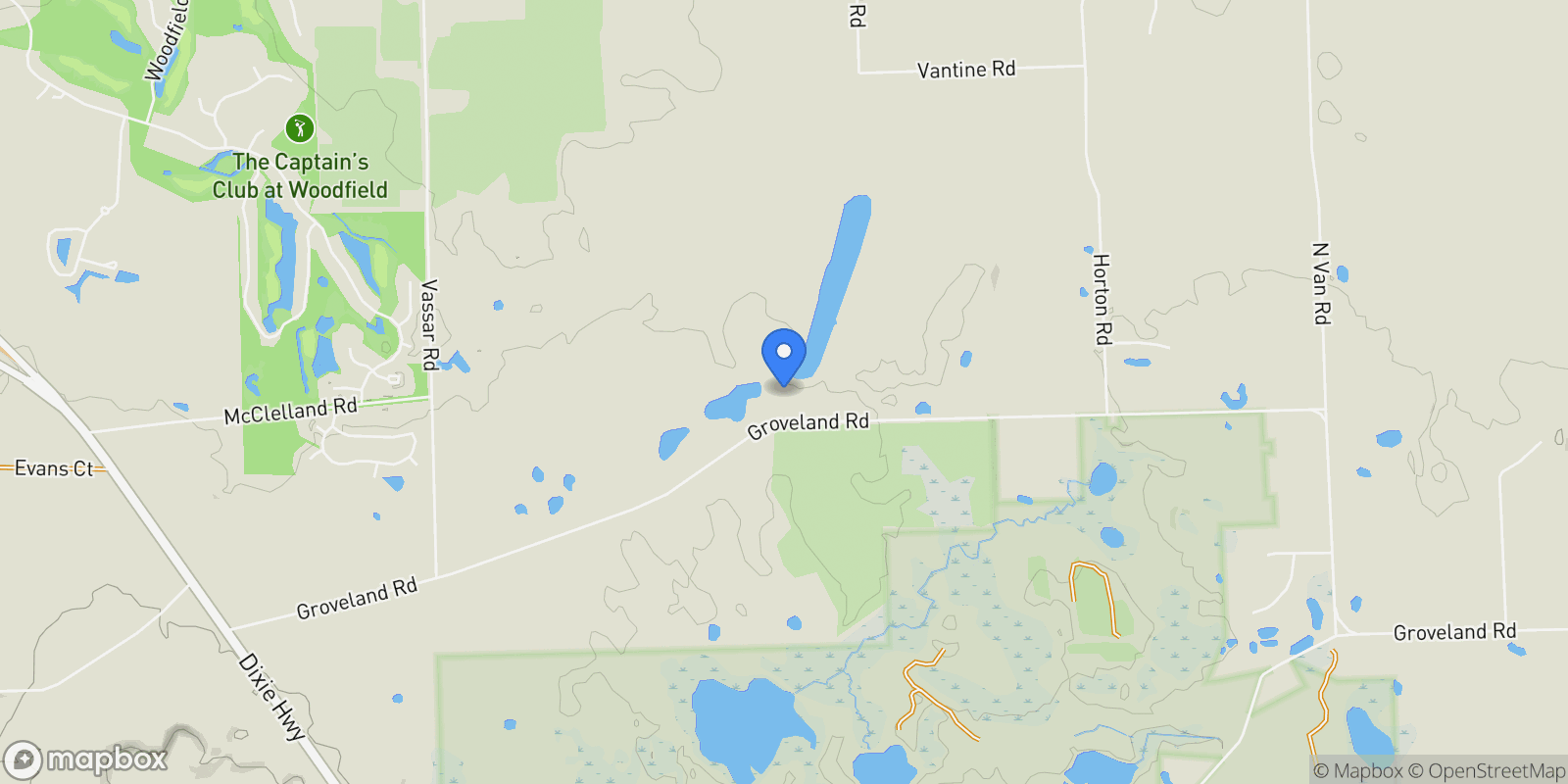 Map showing 7455 Groveland Road, Groveland Township, MI 48442, Holly, Michigan, United States.