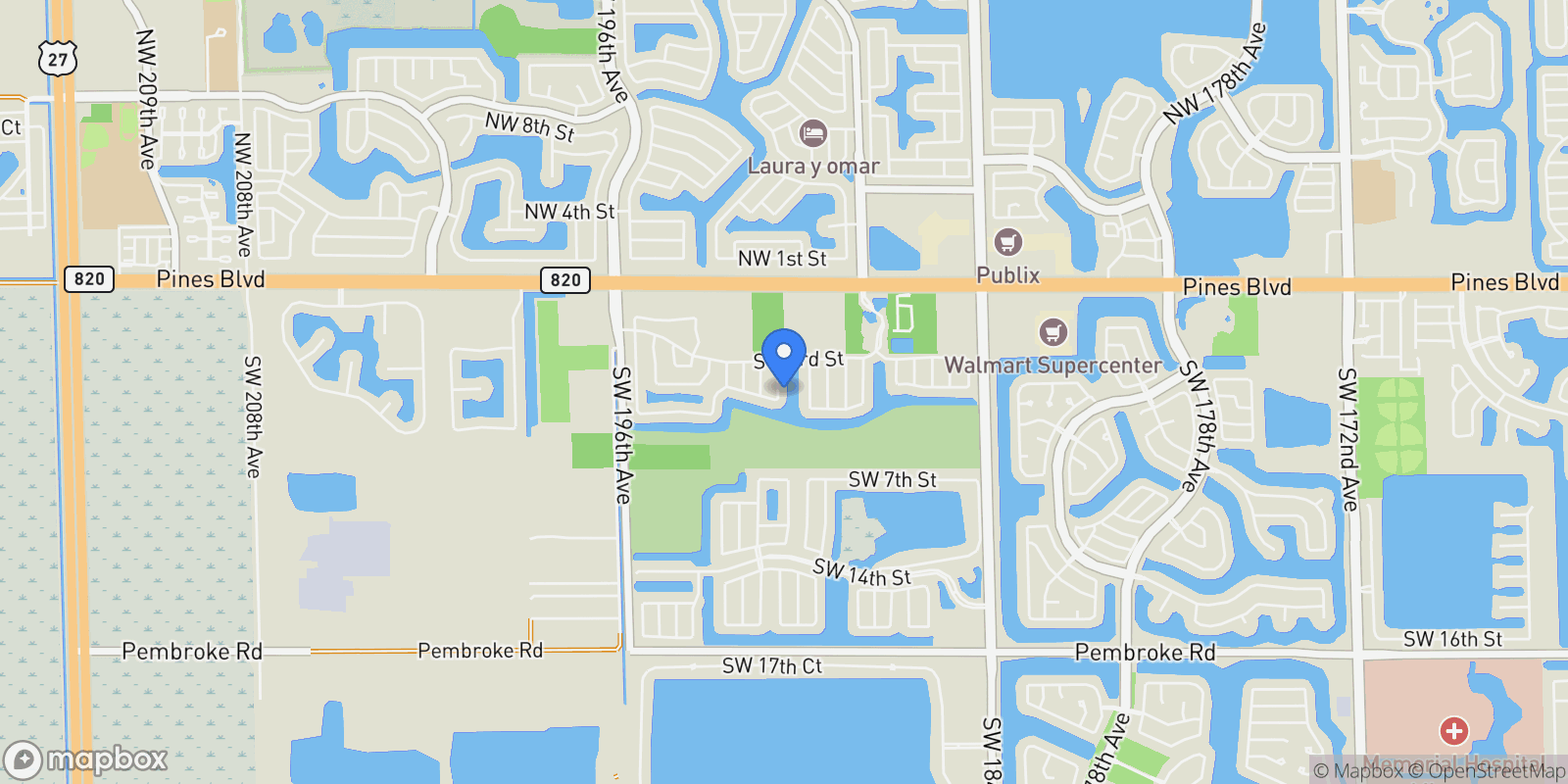 Map showing 371 SW 190th Ave, Pembroke Pines, FL 33029, Miramar, Florida, United States.