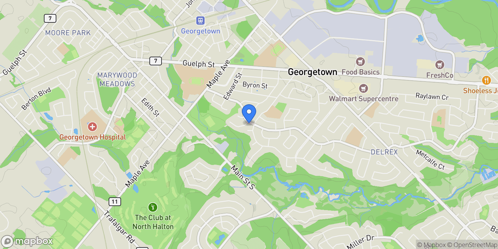 Map showing 96 DELREX BOULEVARD, Halton Hills, ON, L7G3X9, CANADA, Halton Hills, Ontario, Canada.
