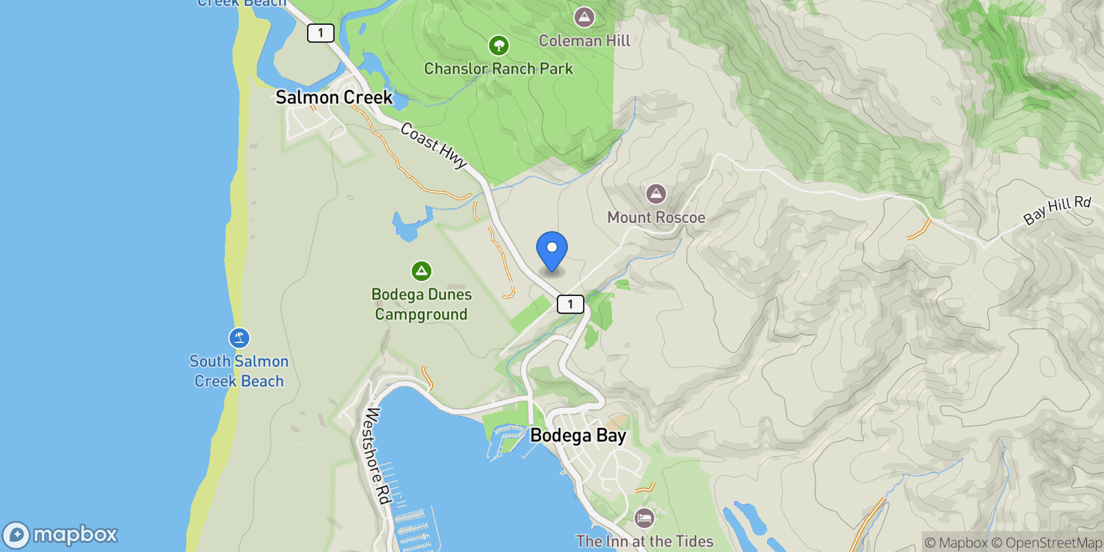 Map showing 2100 California 1 , Bodega Bay, CA 94923, Bodega Bay, California, United States.