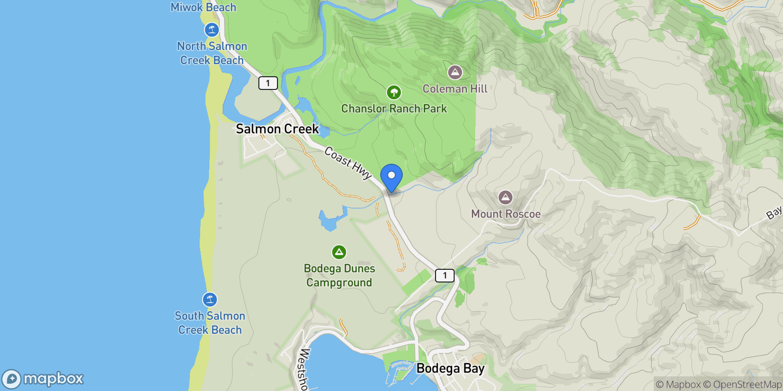 Map showing 2490 California 1 , Bodega Bay, CA 94923, Bodega Bay, California, United States.