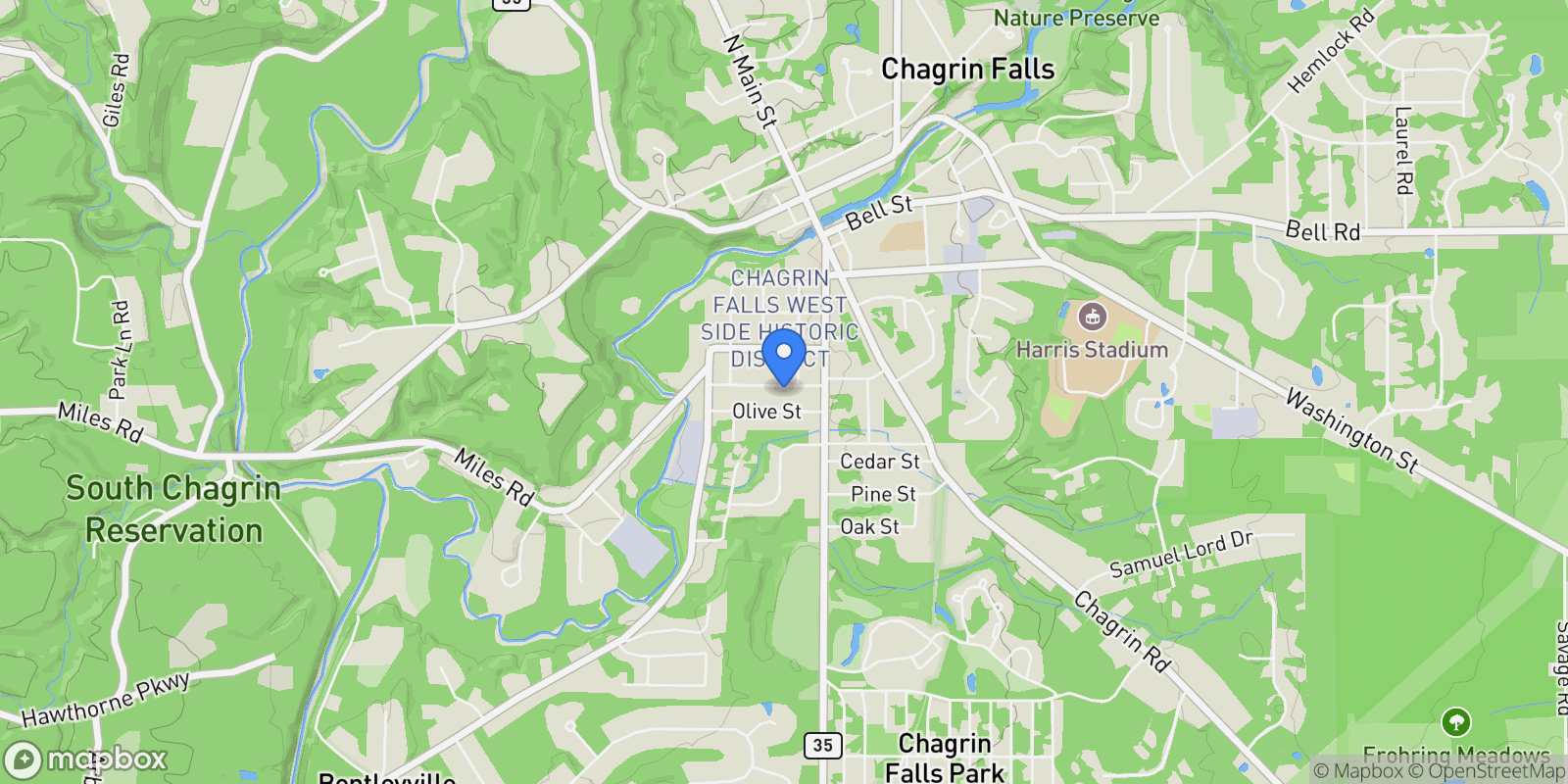 Map showing 47 Hall Street, Chagrin Falls, OH 44022, Novelty, Ohio, United States.