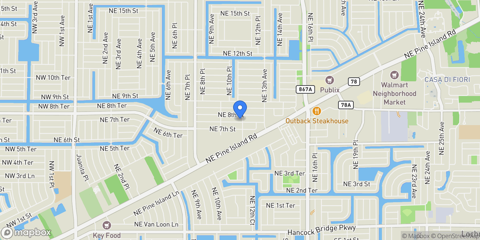 Map showing 1069 NE 7th TER, CAPE CORAL, FL 33909, Cape Coral, Florida, United States.