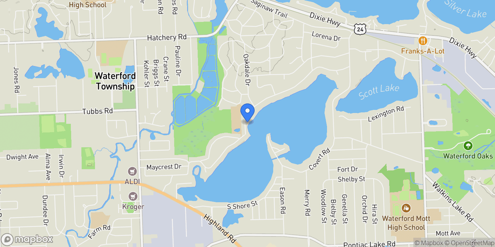 Map showing 4255 Lakewood Drive, Waterford Charter Township, MI 48329, Pontiac, Michigan, United States.