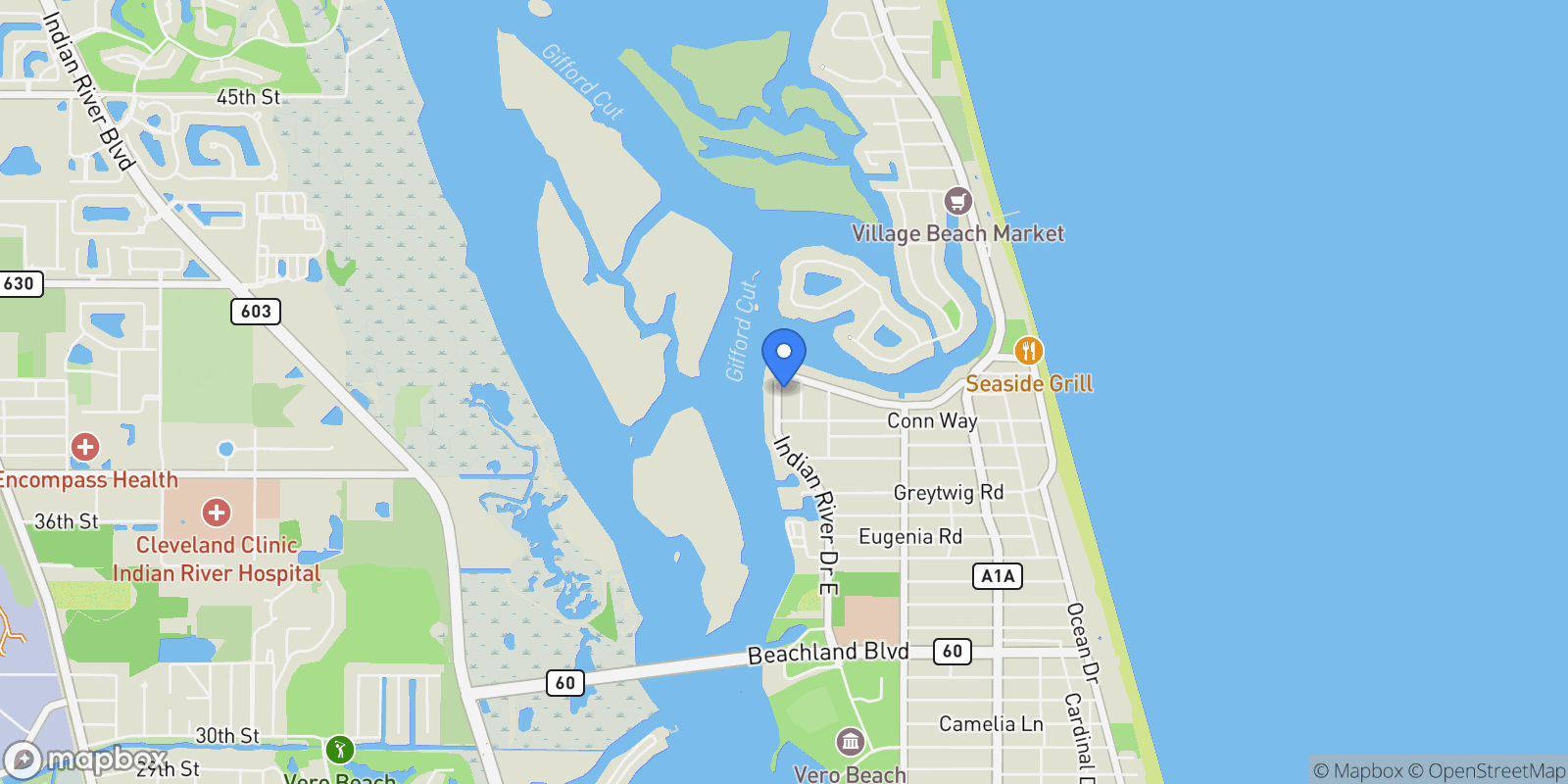 Map showing 4120 Indian River Drive E, Vero Beach, Florida, United States.