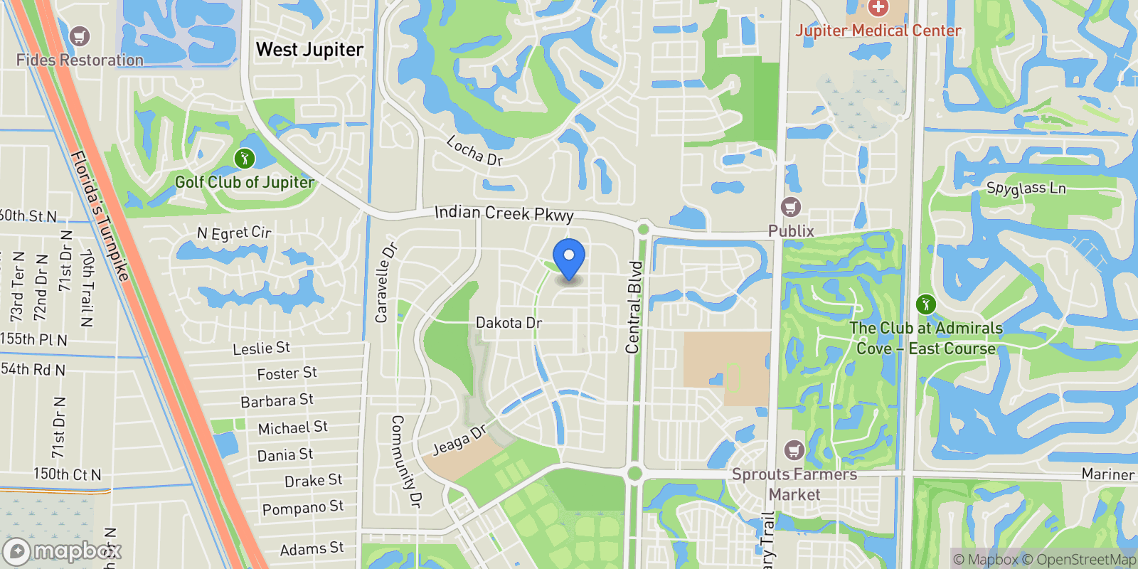 Map showing 1131 N Prescott Drive, Jupiter, Florida, United States.