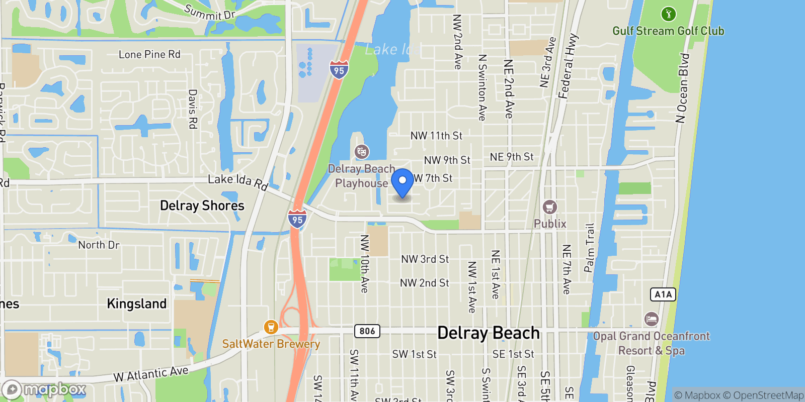 Map showing 625 Sunshine Drive, Delray Beach, Florida, United States.