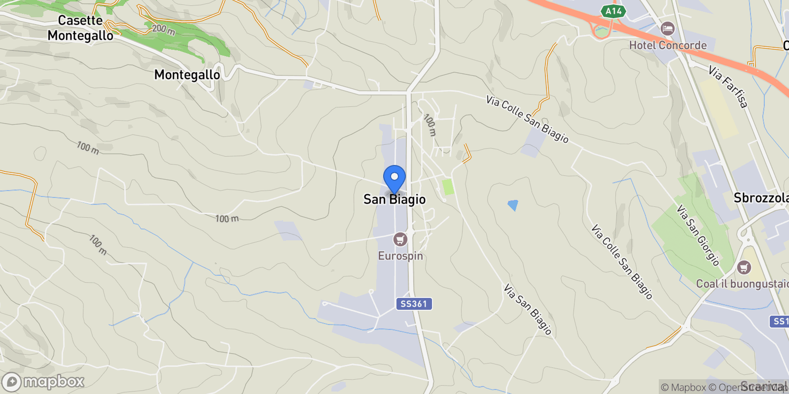 Map showing via Montegallo, San Biagio, Marche, Italy.