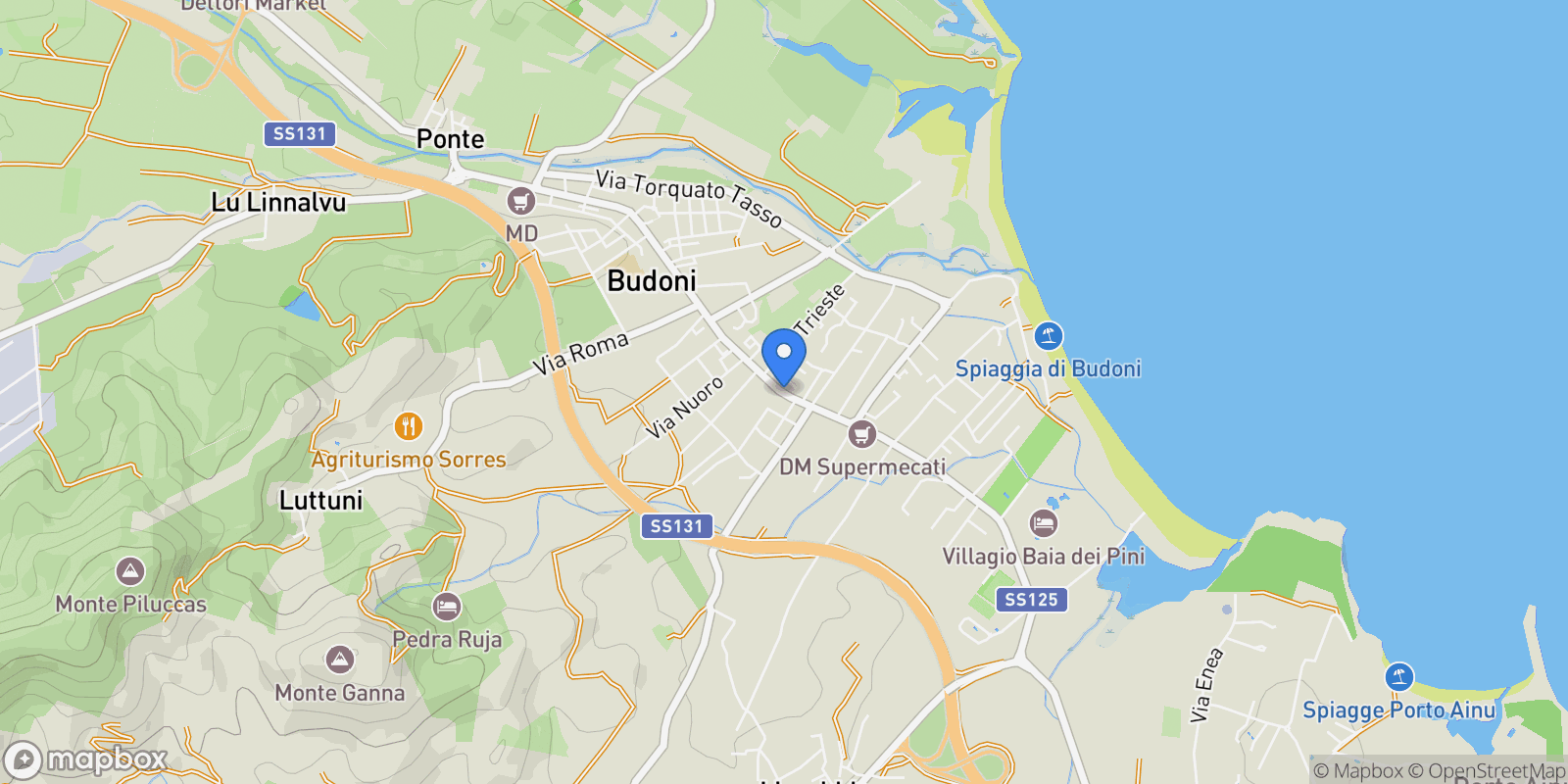 Map showing 08020 Budoni, Province of Sassari, Italy, Budoni, Sardinia, Italy.