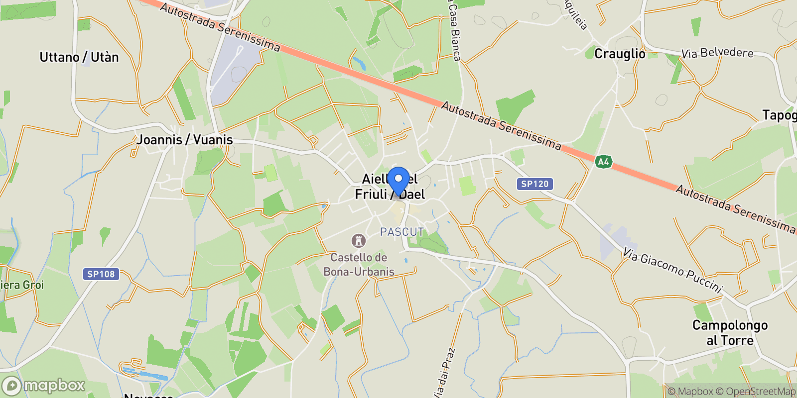 Map showing 33041 Aiello del Friuli, Province of Udine, Italy, Aiello del Friuli, Friuli-Venezia Giulia, Italy.