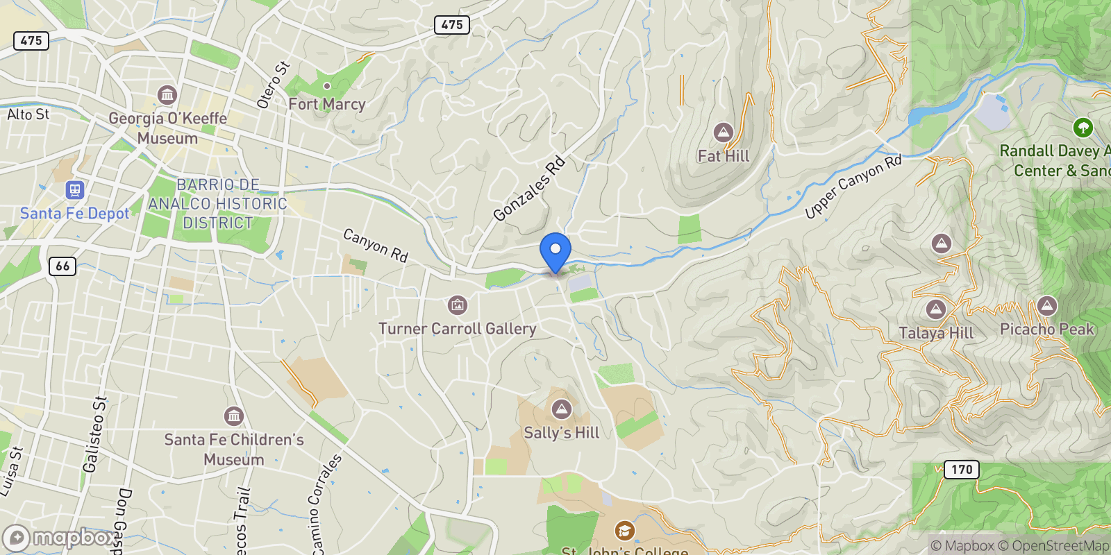 Map showing 1379 Canyon Road , Santa Fe, NM 87501, Santa Fe, New Mexico, United States.