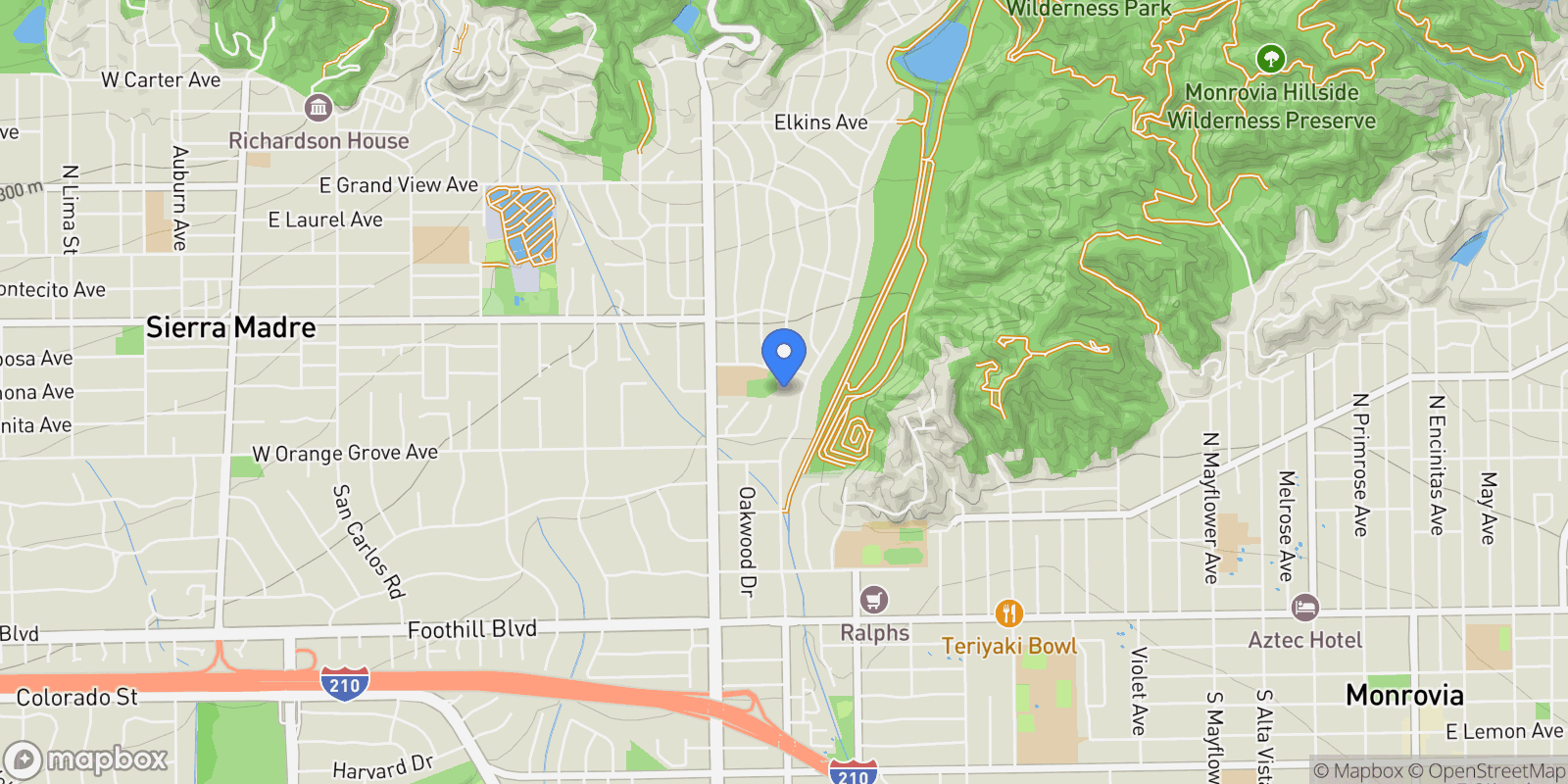 Map showing 1601 Highland Oaks Drive, Arcadia, California, United States.