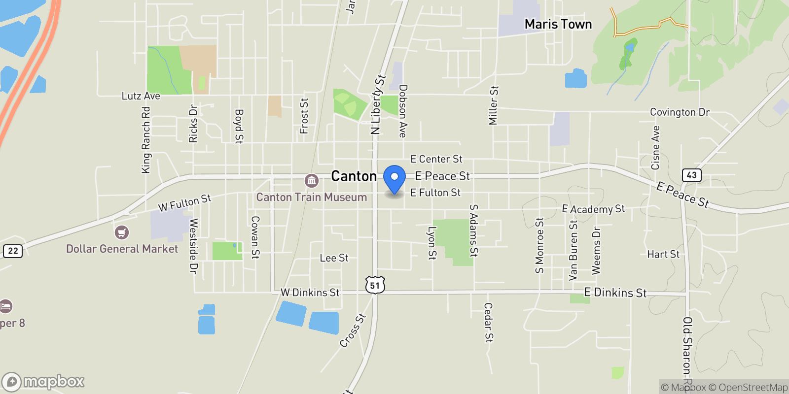 Map showing 138 E Fulton Street, Canton, MS 39046, Canton, Mississippi, United States.