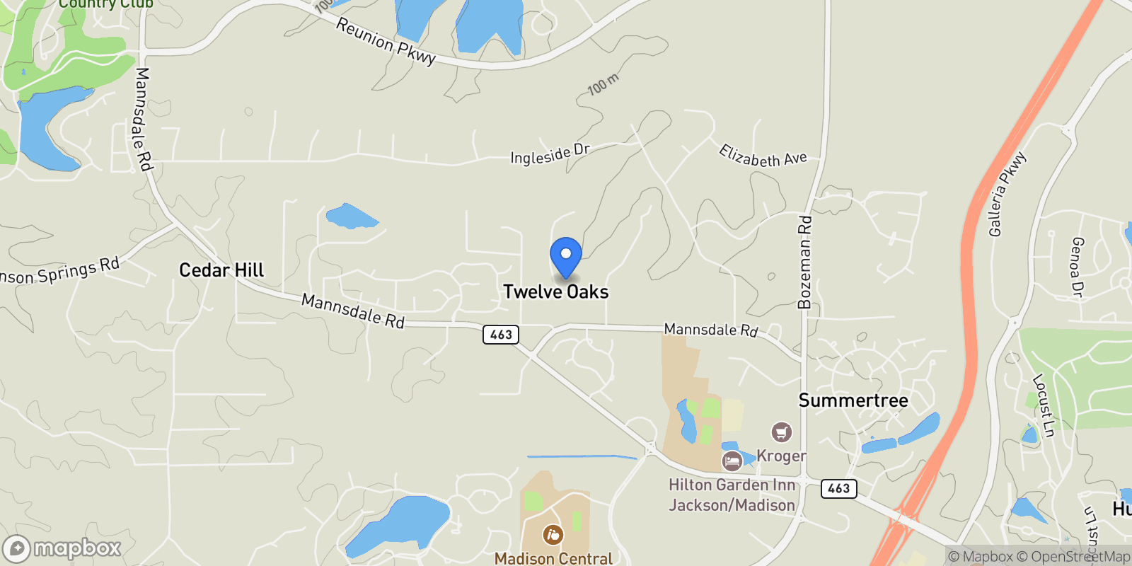 Map showing 8 Twelve Oaks Place, Madison, MS 39110, Madison, Mississippi, United States.