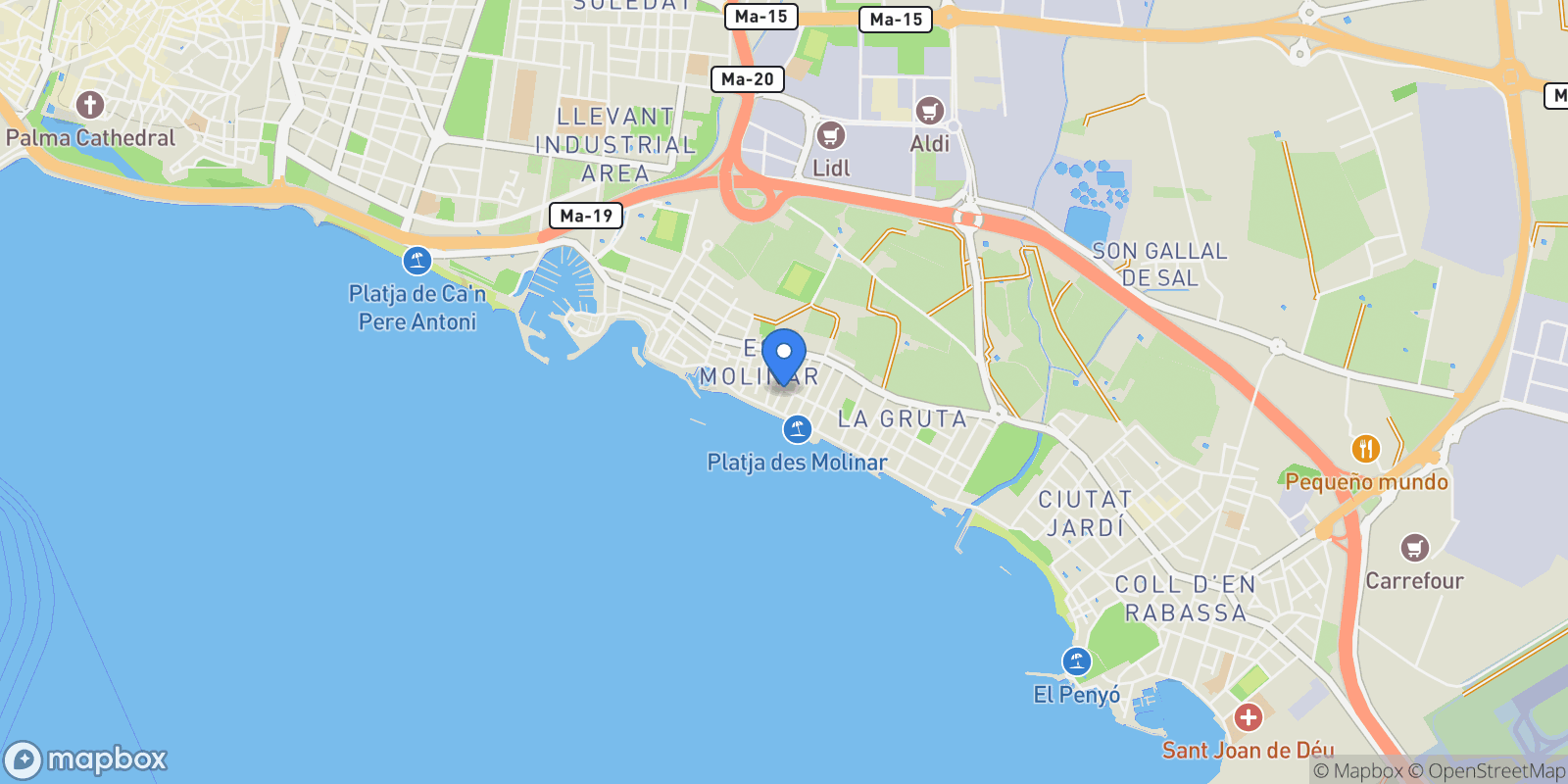 Map showing Carrer de Bernat Visca, 6, Platja de Palma i Pla de Sant Jordi, 07006 Palma, Illes Balears, Spain, Palma, Balearic Islands, Spain.