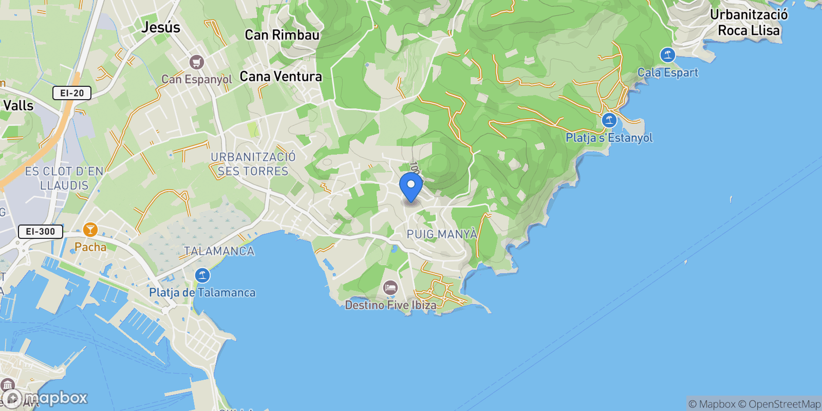 Map showing Jesus, Santa Eulalia, Can Pep Simo, Santa Eularia des Riu, Spain.