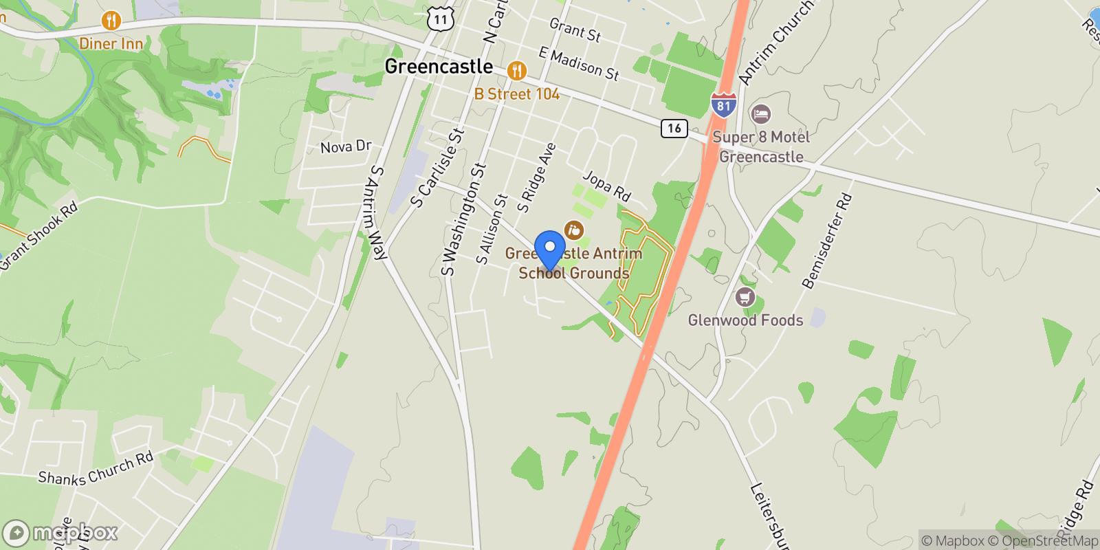 Map showing 431 LEITERSBURG ST STREET, GREENCASTLE, PA 17225, Greencastle, Pennsylvania, United States.
