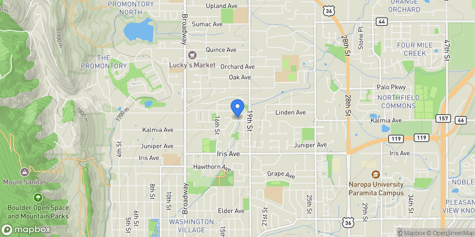 Map showing 3600 Cloverleaf Drive, Boulder, Colorado, United States.