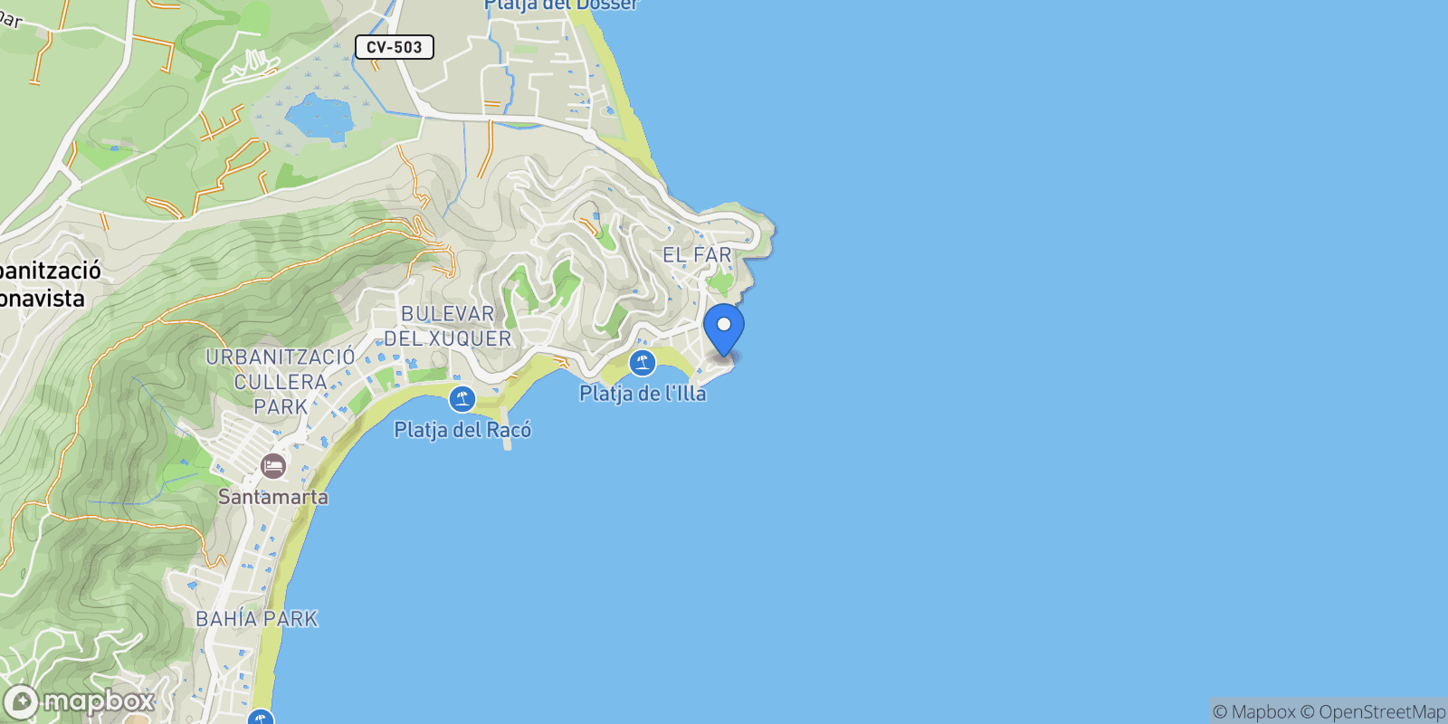 Map showing Carrer Illa Pensaments, 2, 46408 Faro de Cullera, Valencia, Spain, Cullera, Valencian Community, Spain.