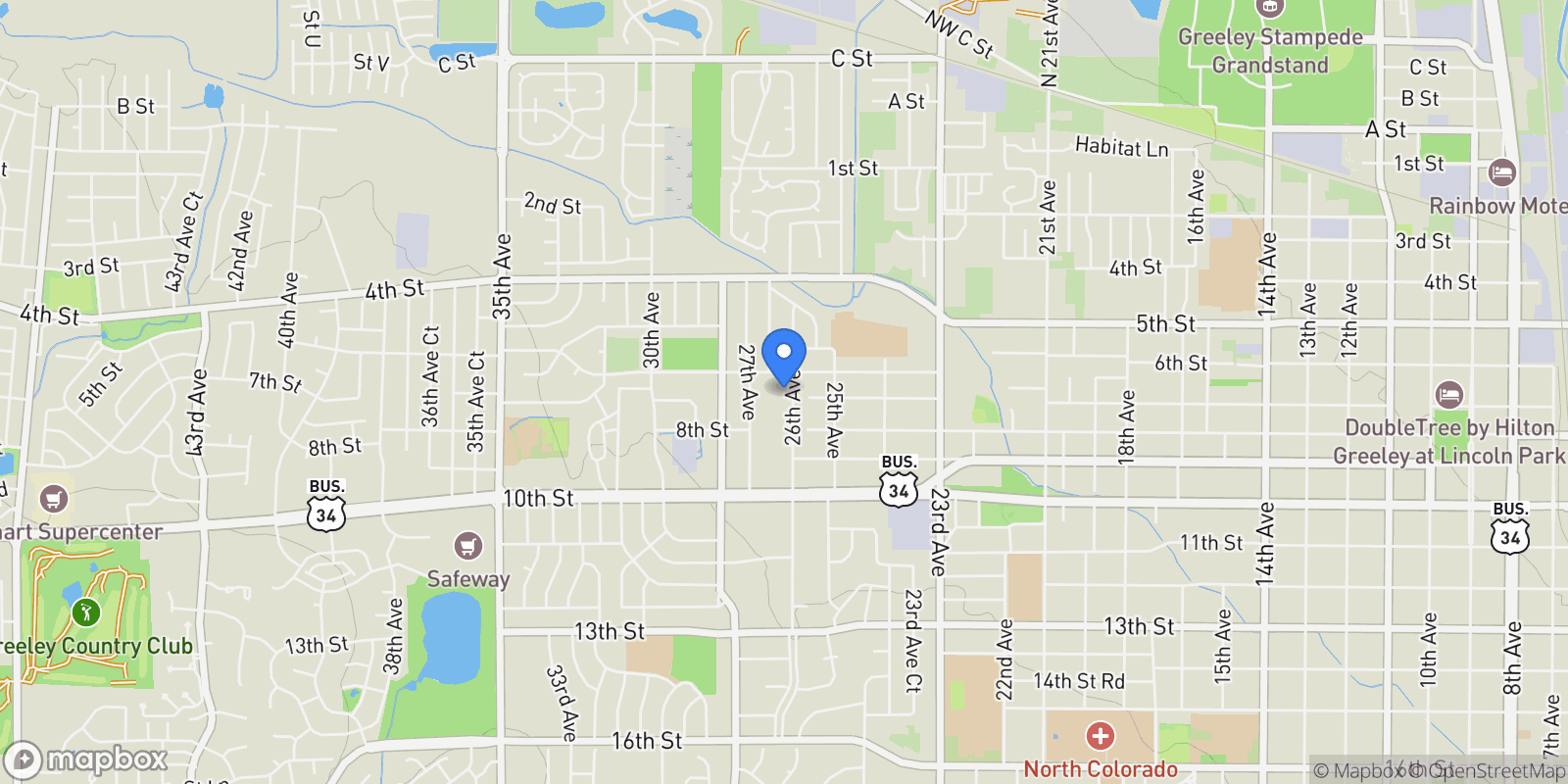 Map showing 705 26th Ave, Greeley, Colorado, United States.