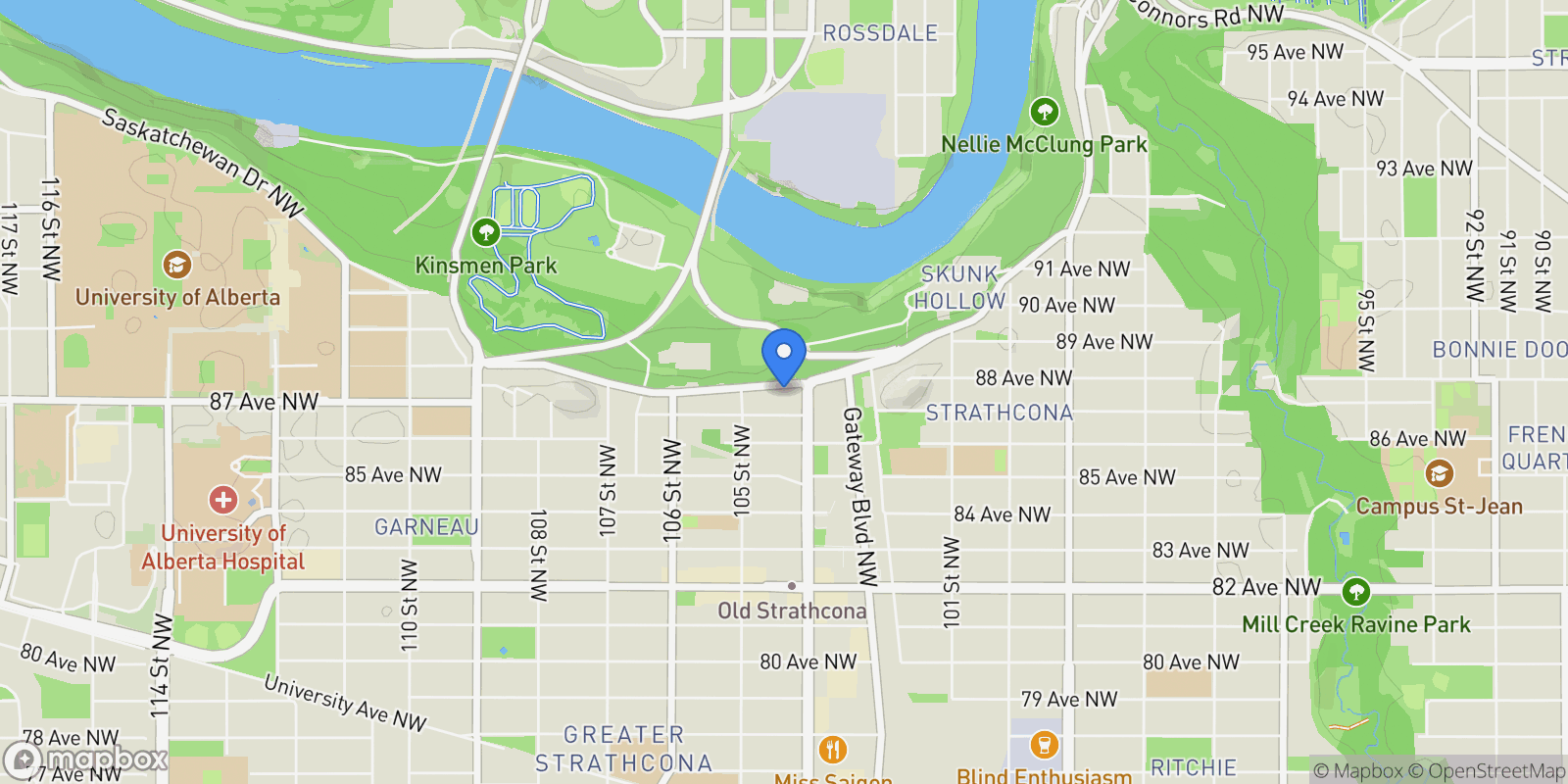 Map showing 10417 Saskatchewan Drive NW, Edmonton, AB T6E 4R8, Edmonton, Alberta, Canada.