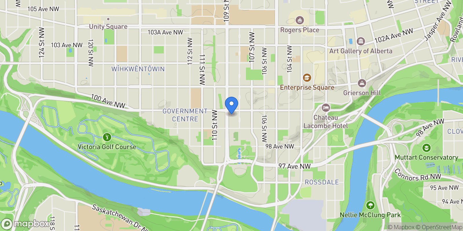 Map showing 1801 9939 109 Street, Edmonton, AB T5K 1H6, Edmonton, Alberta, Canada.