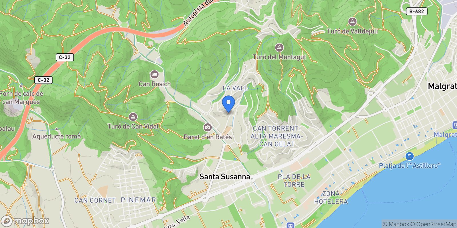 Map showing MILFULLES, Barcelona, Santa Susanna, Catalonia, Spain.