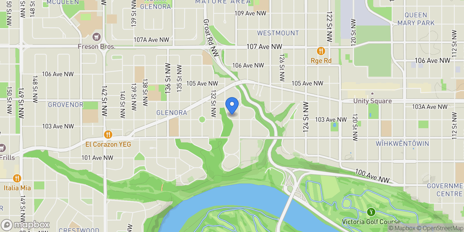 Map showing 10303 Glenora Crescent, Edmonton, AB T5N 3J5, Edmonton, Alberta, Canada.