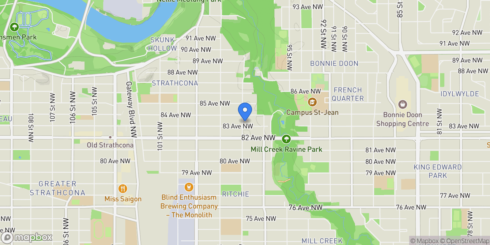 Map showing 9654 83 Avenue, Edmonton, AB T6C 1C2, Edmonton, Alberta, Canada.