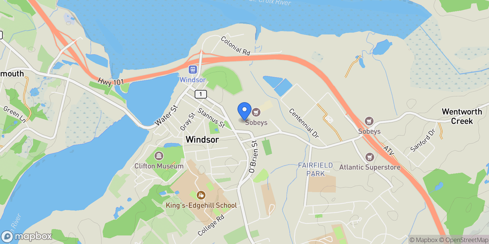 Map showing 549 O'brien Street, Windsor, Nova Scotia, Canada.