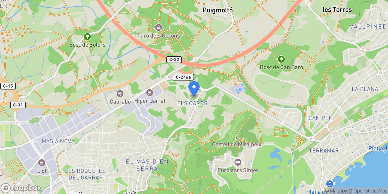 Map showing Mas dEn Serra-Els Cards, Sant Pere de Ribes, BARCELONA, Sant Pere de Ribes, Sant Pere de Ribes, Catalonia, Spain.