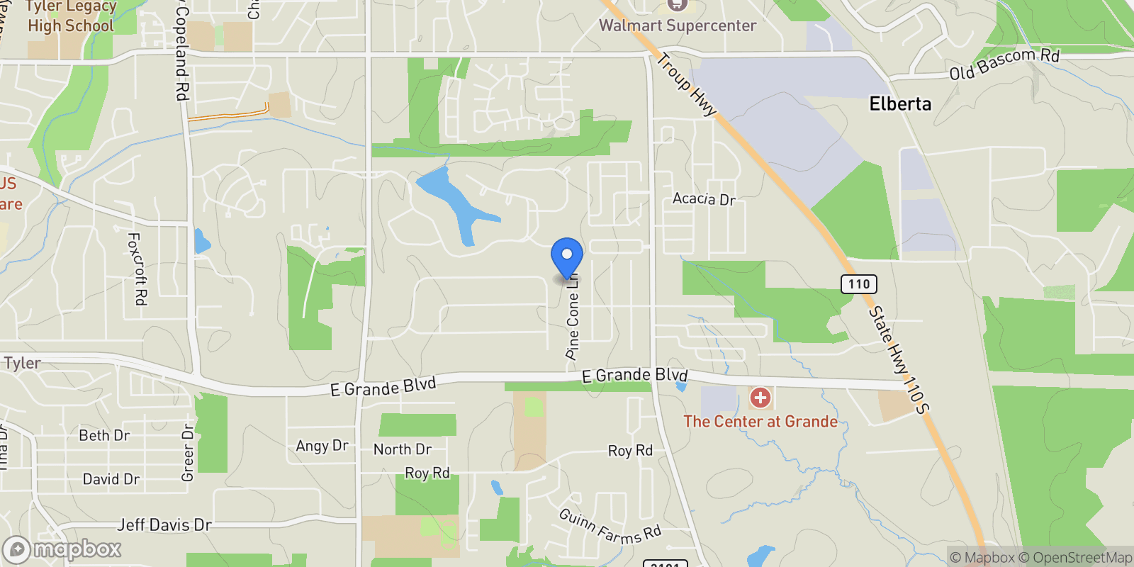 Map showing 6015 Pine Cone Lane, Tyler, Texas, United States.