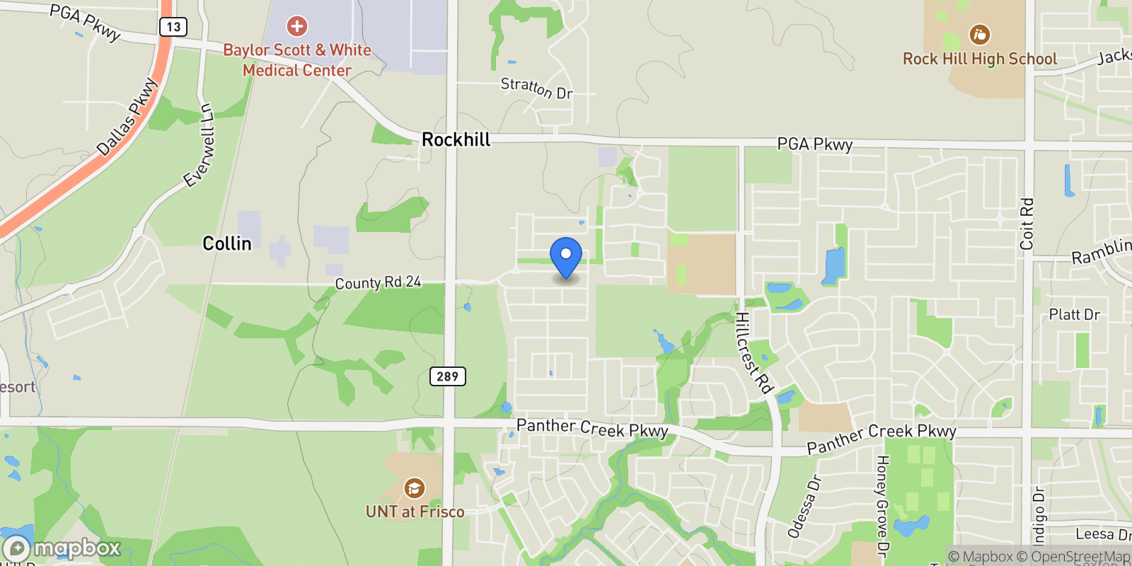 Map showing 9848 Robinwoods Drive, Frisco, Texas, United States.