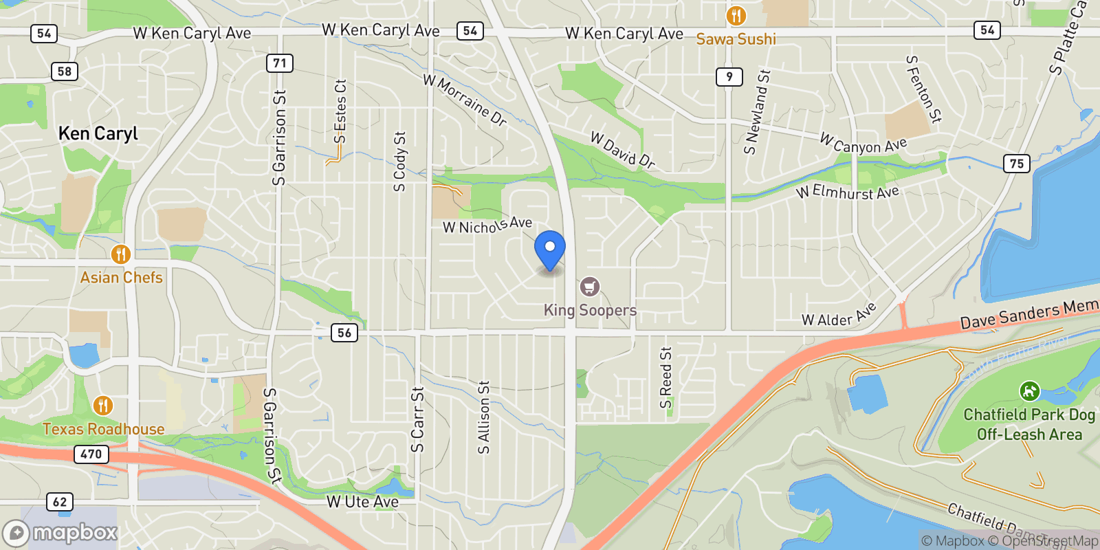 Map showing 8129 S Yukon Street S, Columbine, Colorado, United States.