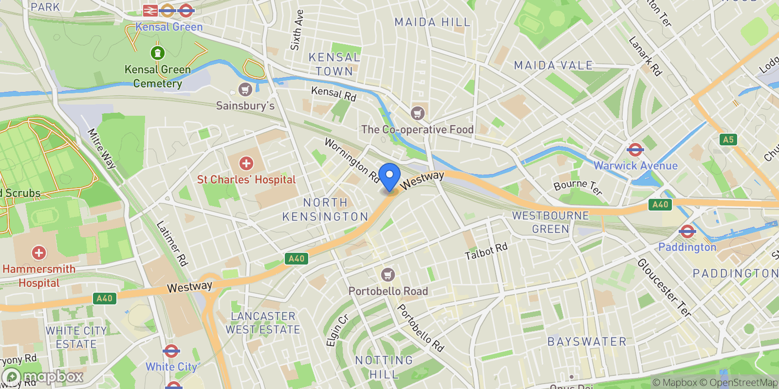 Map showing Codrington Mews, just off Blenheim Crescent, London, England, United Kingdom.