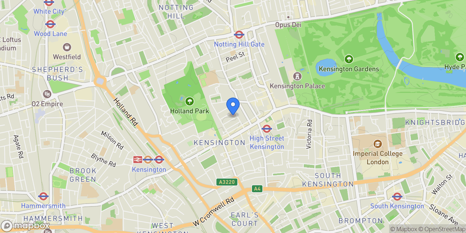 Map showing High Street Kensington, London, England, United Kingdom.