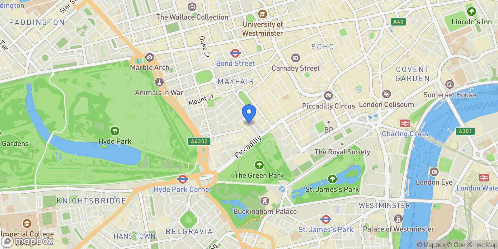 Map showing Mayfair, London, London, England, United Kingdom.