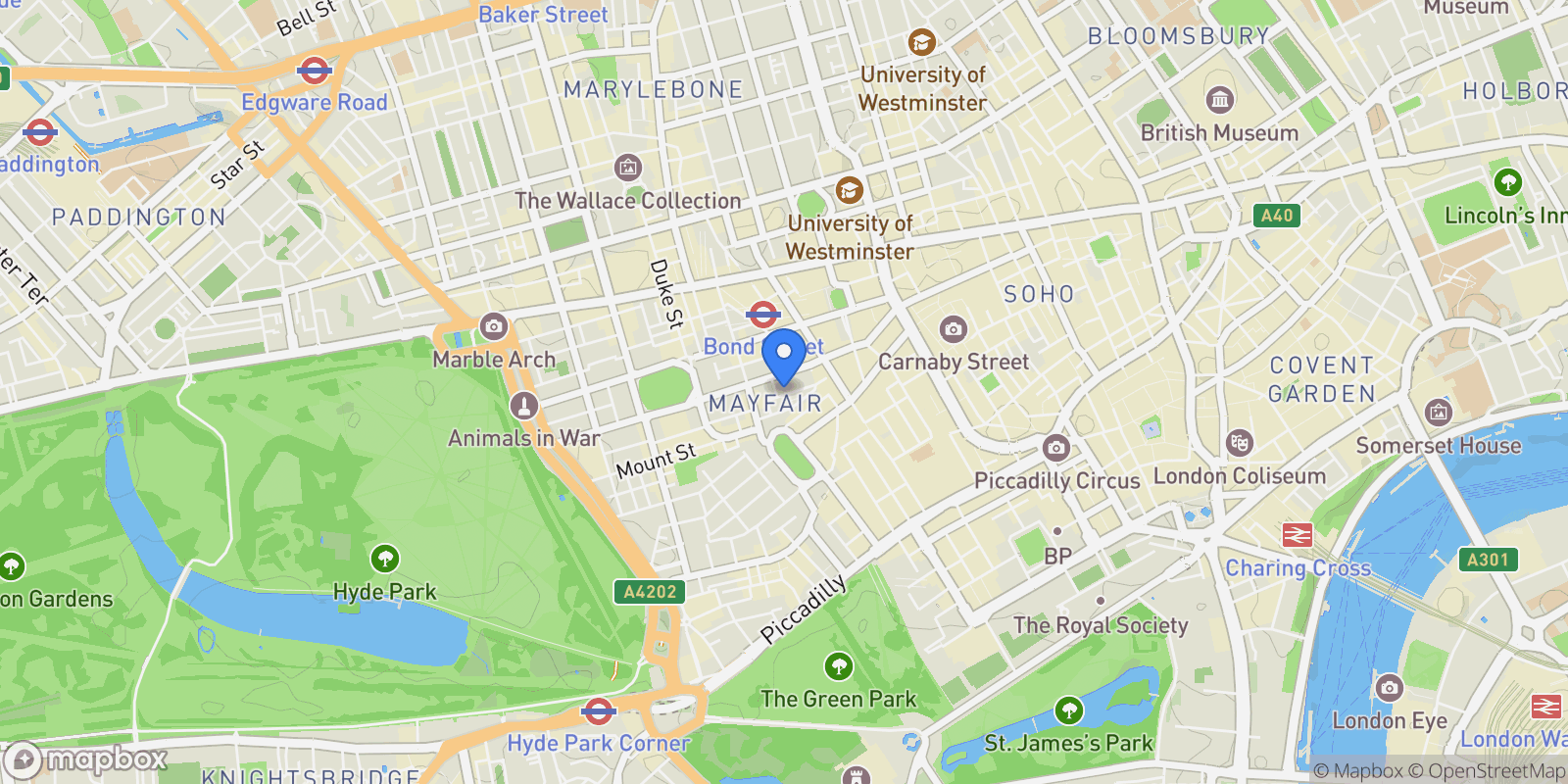 Map showing Bourdon Street, London, England, United Kingdom.