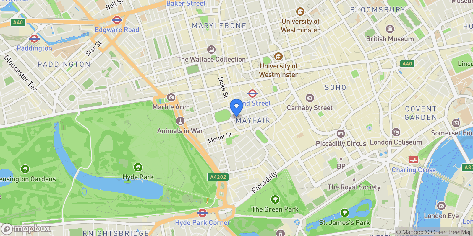 Map showing Aldford Street and South Audley Street, London, England, United Kingdom.