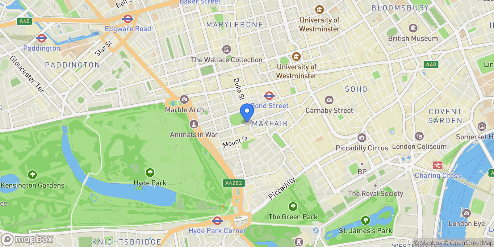 Map showing Grosvenor Square, London, England, United Kingdom.