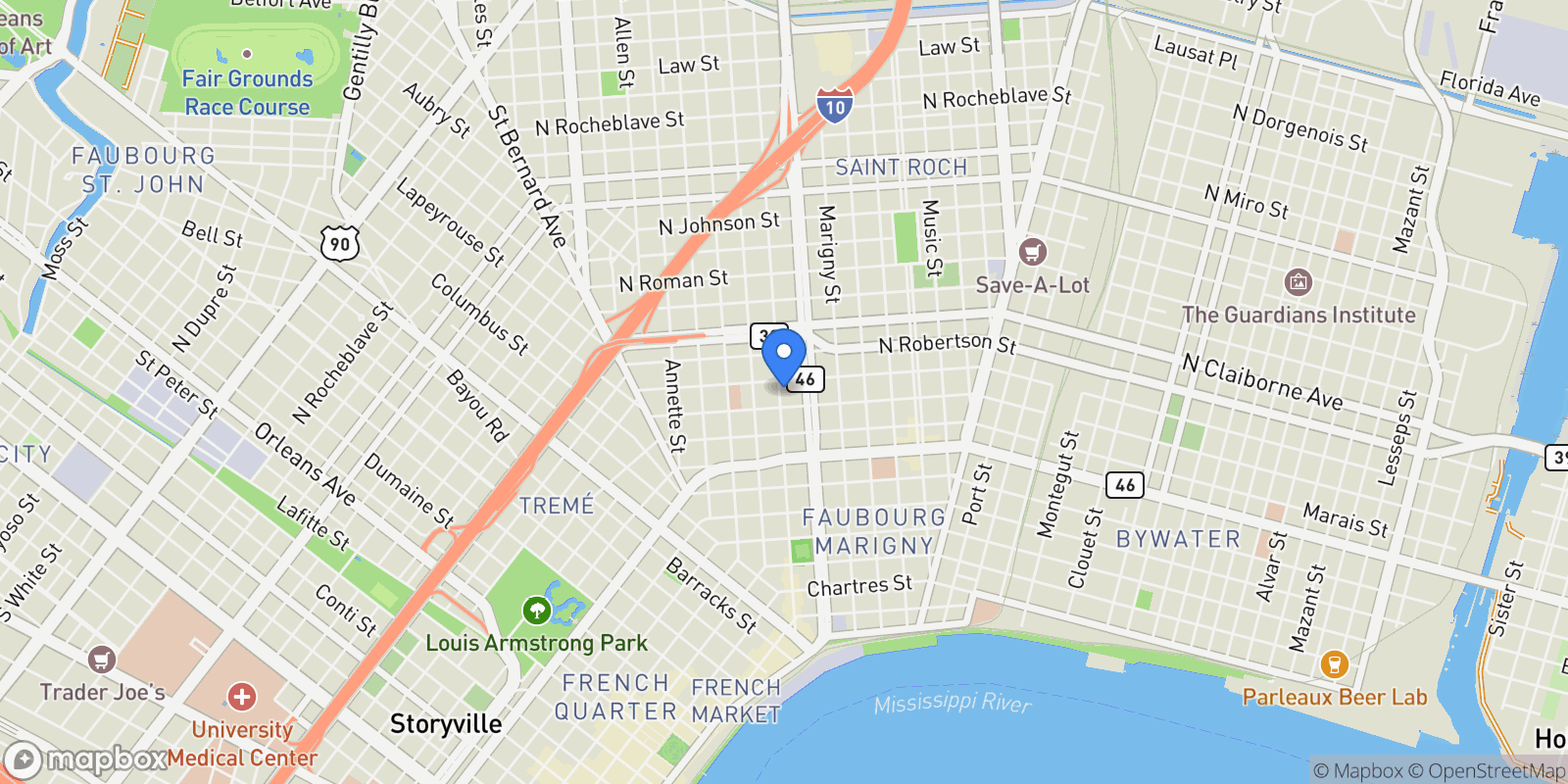 Map showing 1325 Frenchmen Street , New Orleans, LA 70116, New Orleans, Louisiana, United States.