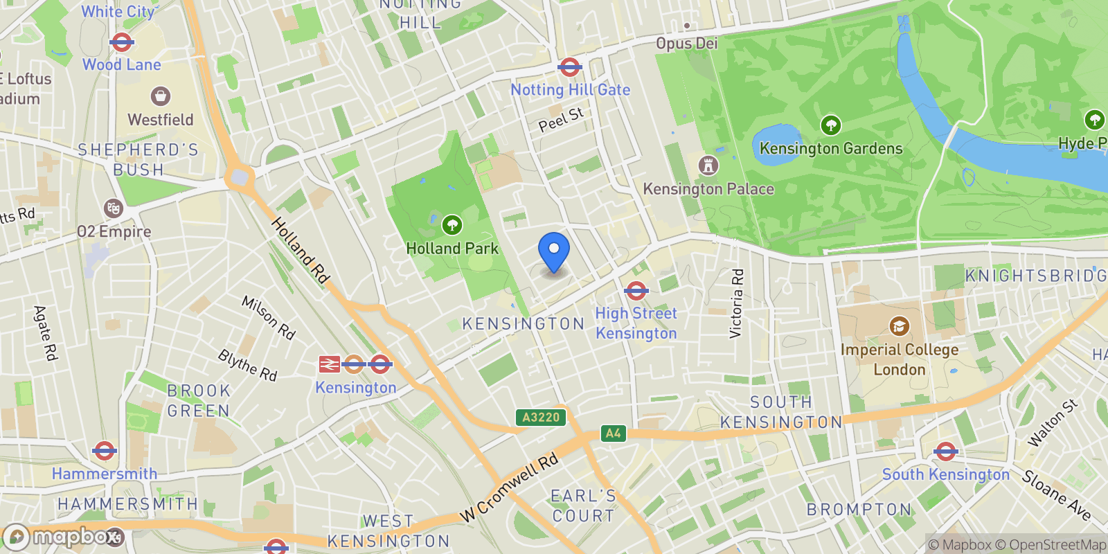 Map showing High Street Kensington, London, England, United Kingdom.