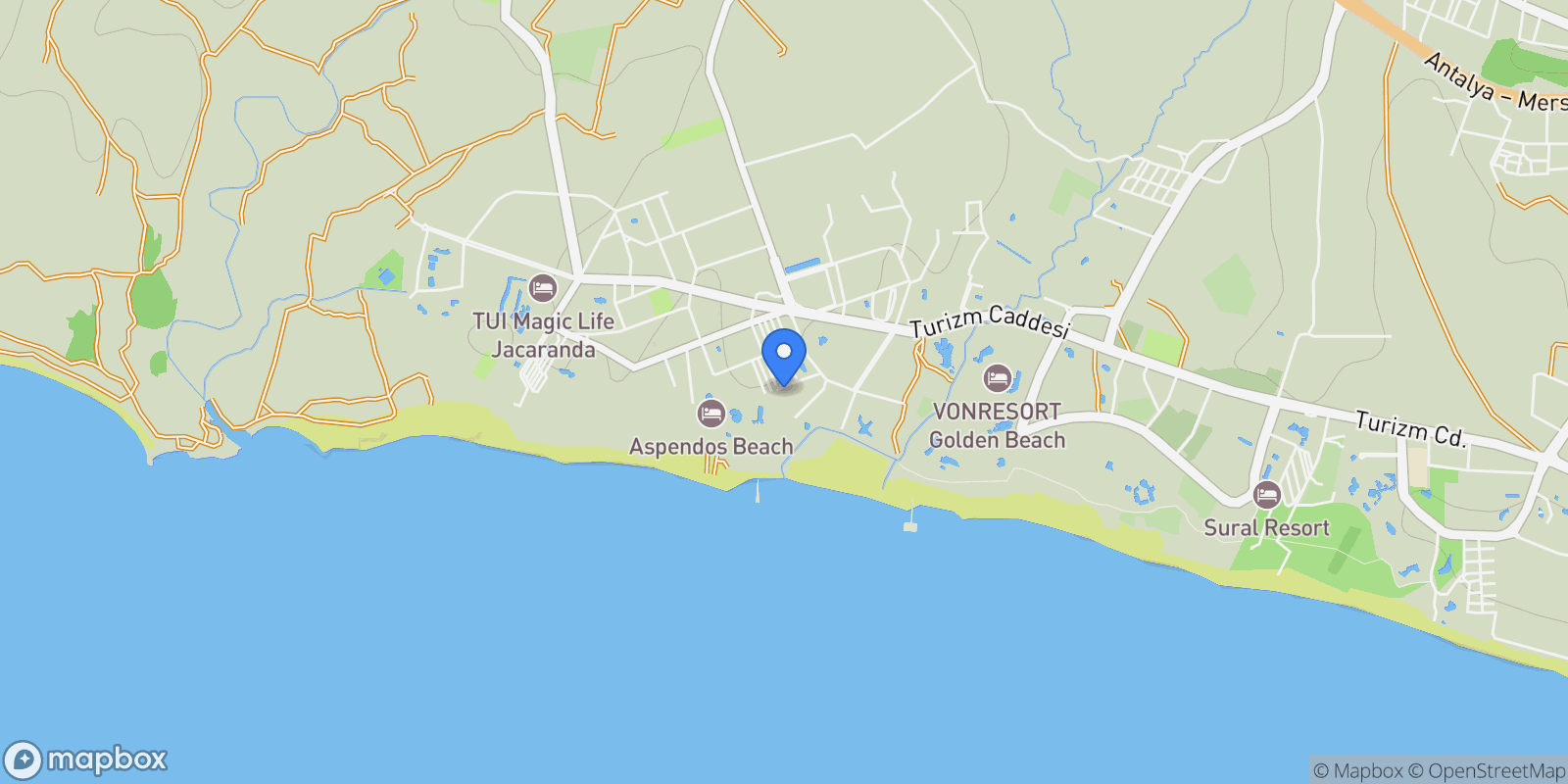 Map showing ROYAL ATLANTİS SPA & RESORT, 44 evler sitesi, Sahil Sk. no:1, 07600 Manavgat/Antalya, Türkiye, Antalya, Turkey.