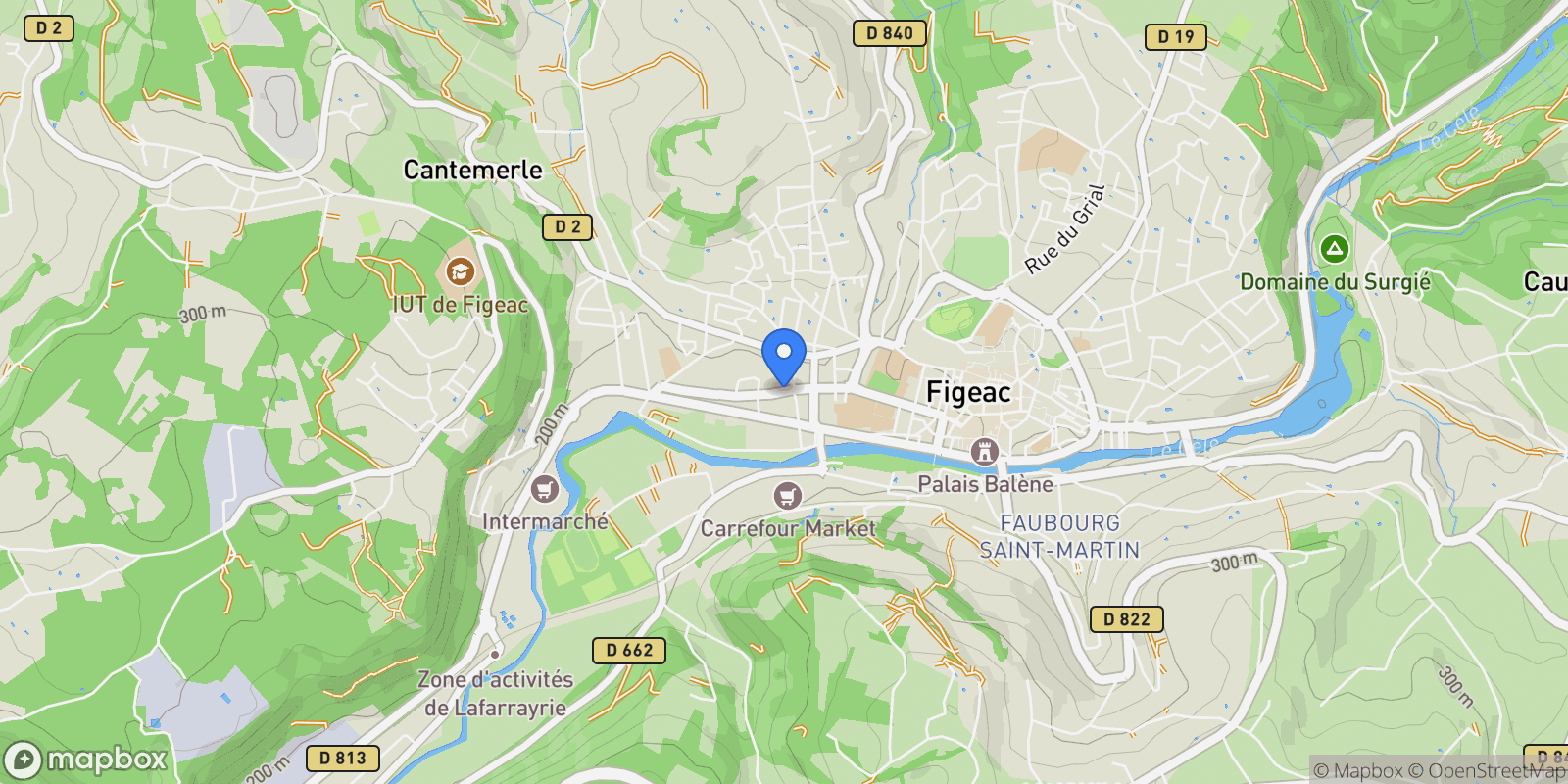 Map showing Figeac, Occitanie, France.