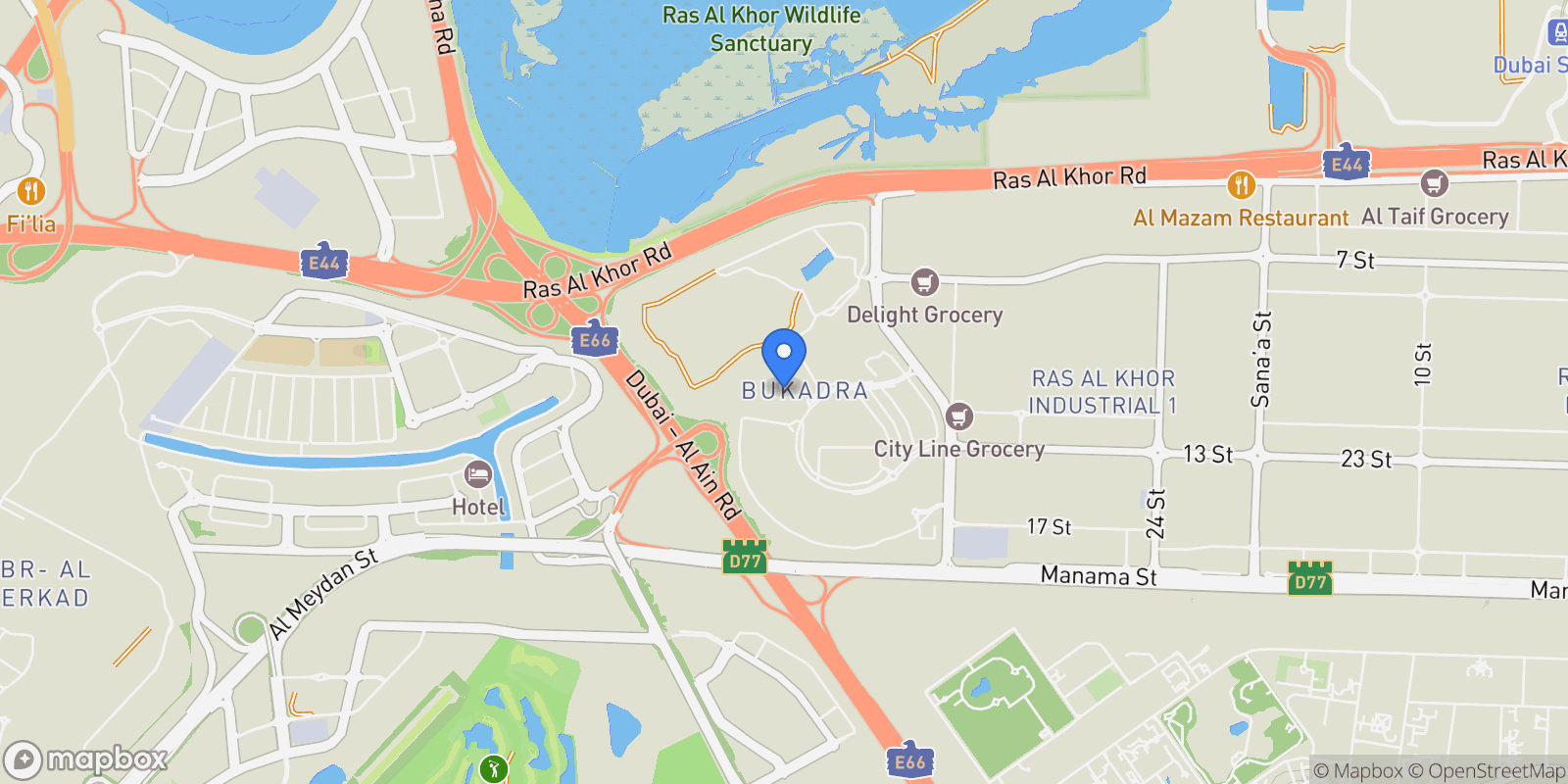 Map showing Sobha Hartland II - Bukadra - Nad Al Sheba 1 - Dubai - United Arab Emirates, Dubai, Dubai, United Arab Emirates.
