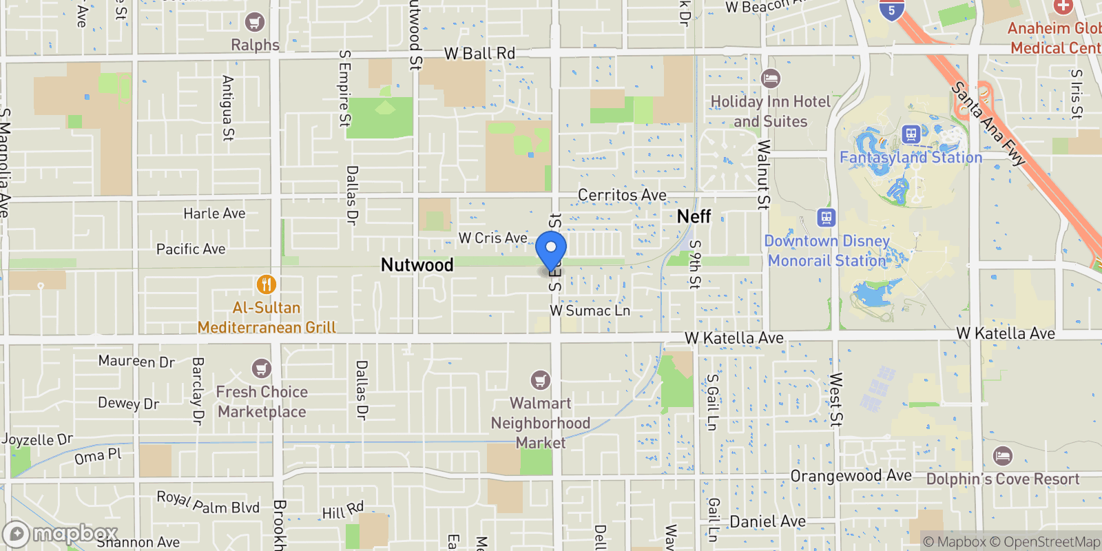 Map showing 1645 S Euclid St, Anaheim, CA 92802, Orange, California, United States.