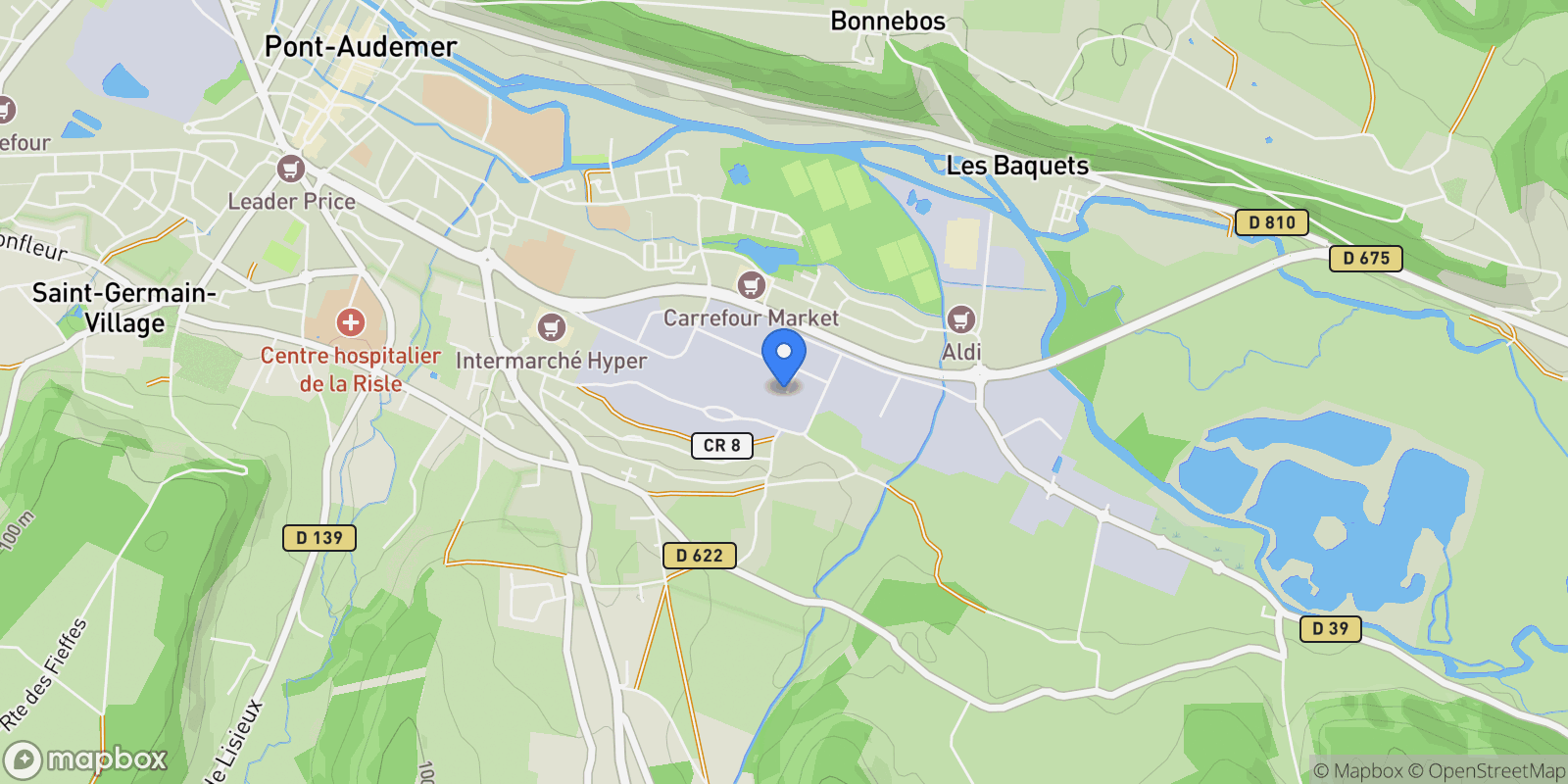 Map showing Pont-Audemer, Normandy, France.