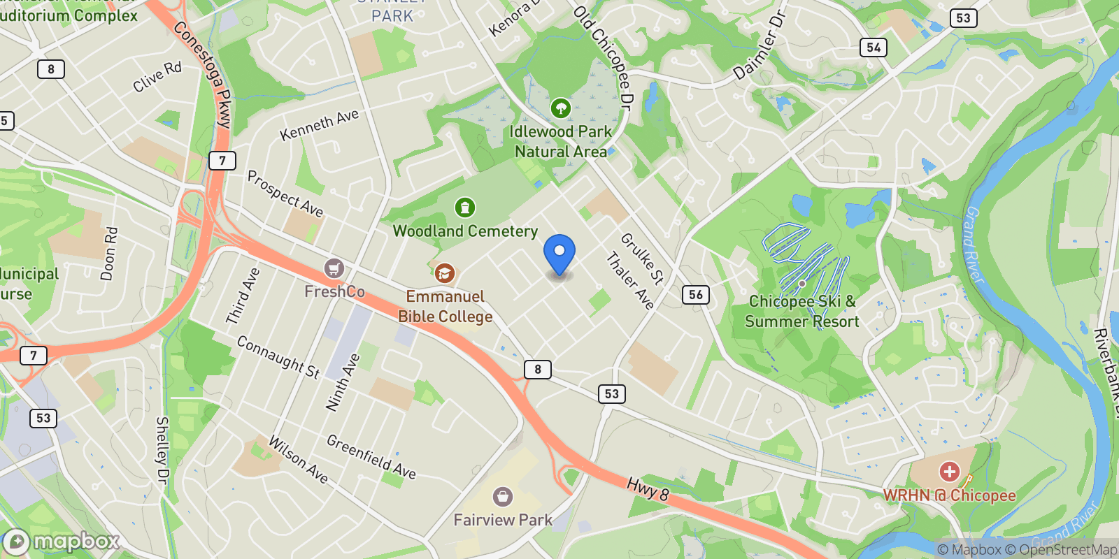 Map showing 152 Kinzie Avenue, Kitchener, Ontario, Canada.