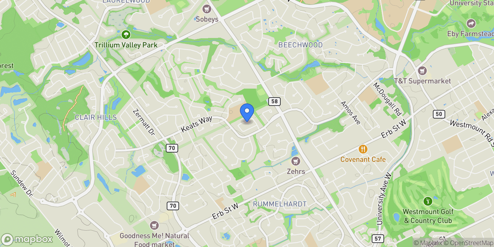 Map showing 131 Woodbend Crescent, Waterloo, Ontario, Canada.
