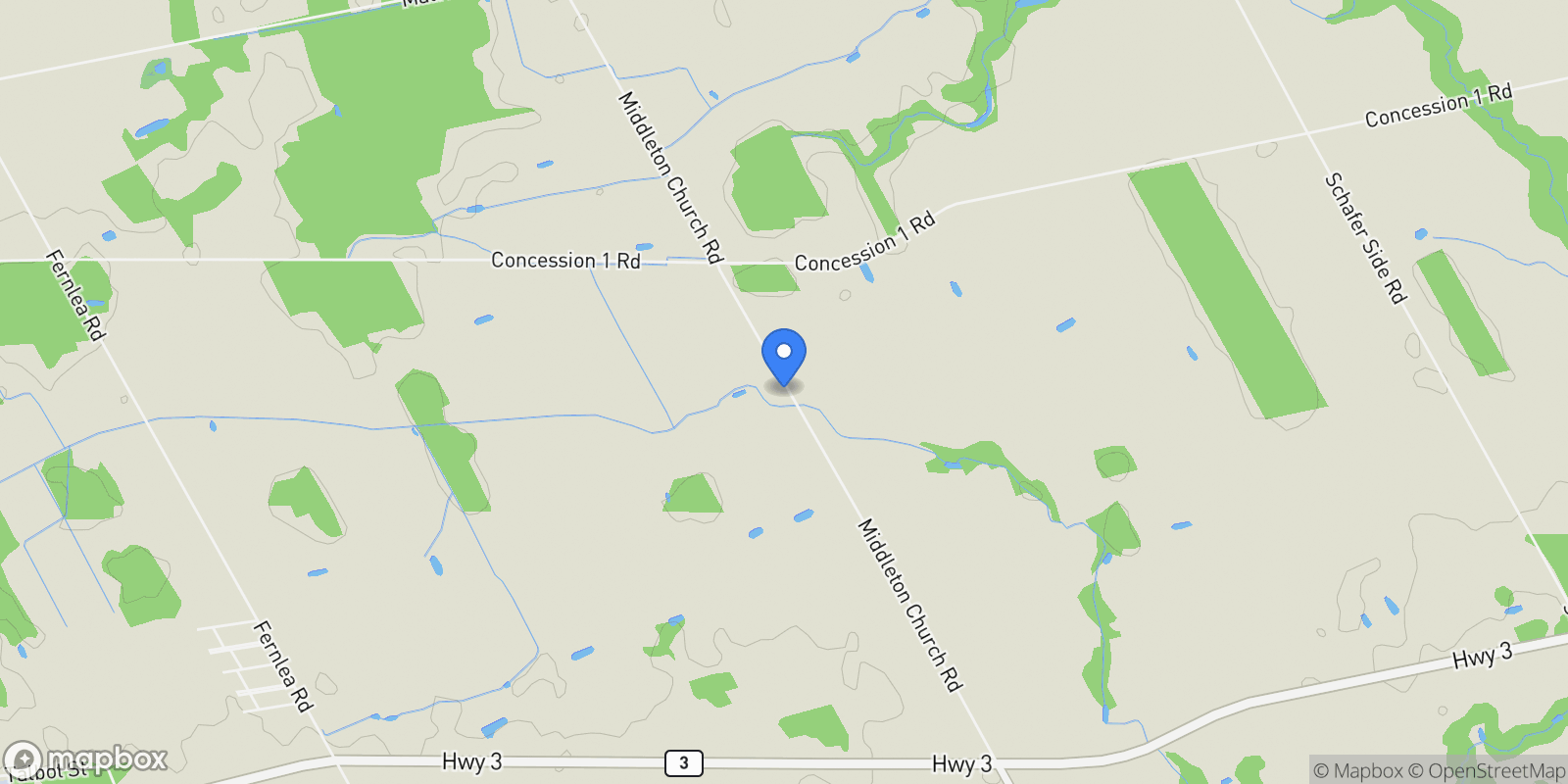 Map showing 195 Middleton Church Road, Delhi, Ontario, Canada.